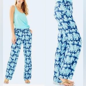NWT Lilly Pulitzer Florita Linen Elephant Pants Blue Indigo Joy Ride Size Large